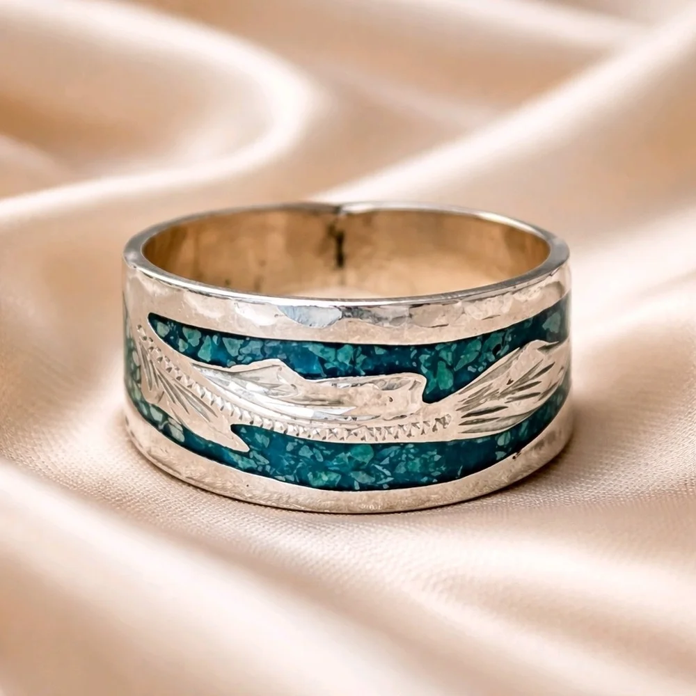 Ring 925 Sterling Torquoise Chips Pre Ownwed